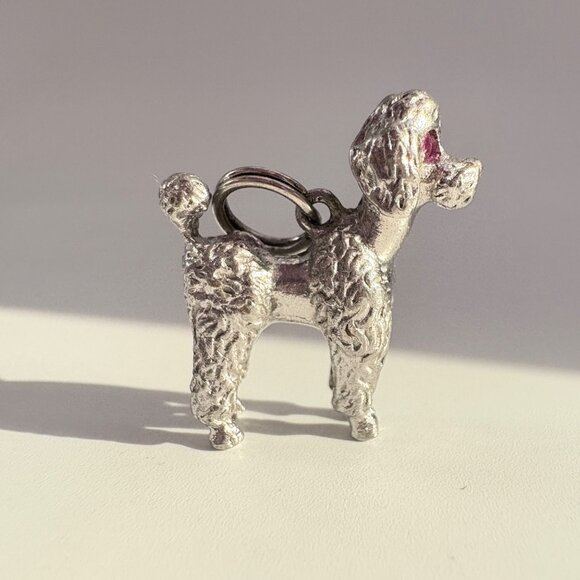 VTG Sterling Silver 925 Poodle Red Eyes Dog Textured Pendant Size 0.75" Length - Picture 3 of 9